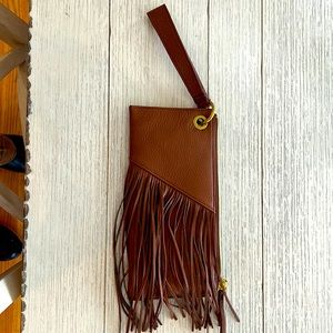 Hobo wristlet. Cognac color with fringe detail. Gold top zipper